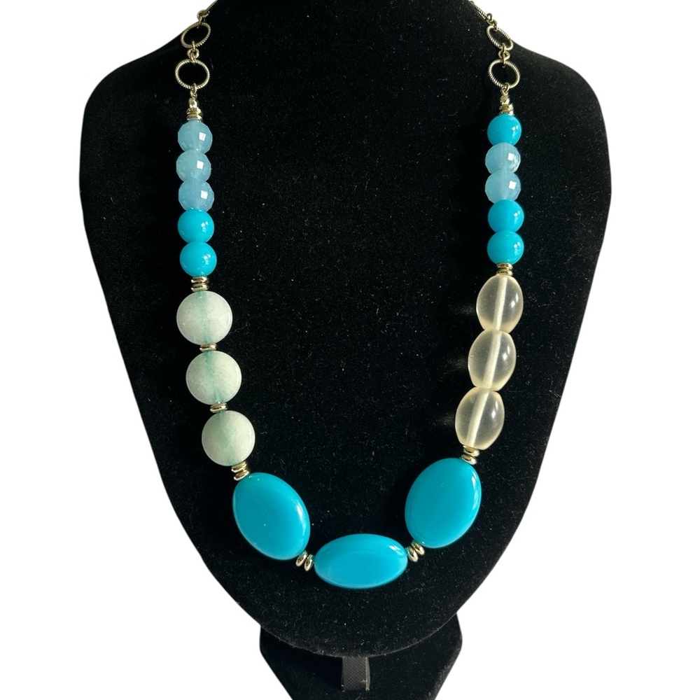 LOFT Vibrant Blue and White Acrylic Beaded Elephant Tag Gold Tone Necklace